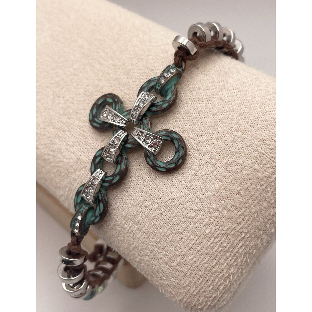 Southwest Style Blue Silvertone Rhinestone Cross Brown Leather Bracelet